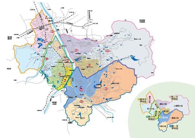 地図を中学校区で色分けしています